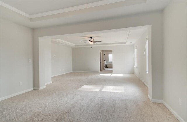 bedroom featuring carpet, a tray ceiling, and crown molding