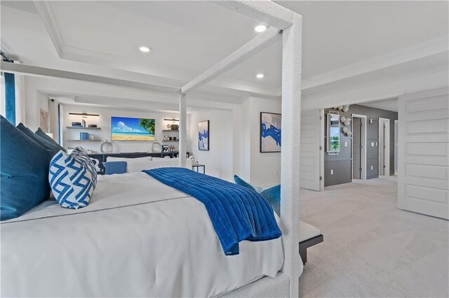 carpeted bedroom with crown molding