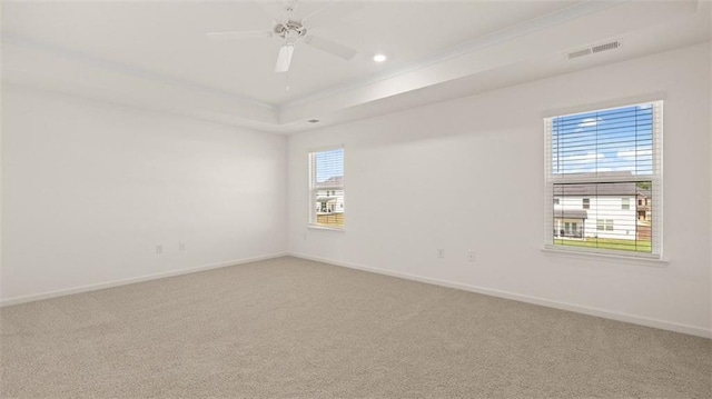 empty room featuring carpet, ceiling fan, and a tray ceiling