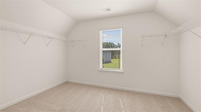 walk in closet with carpet floors and lofted ceiling