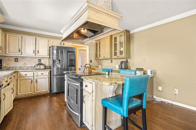 kitchen featuring crown molding, custom range hood, dark wood-type flooring, and stainless steel appliances