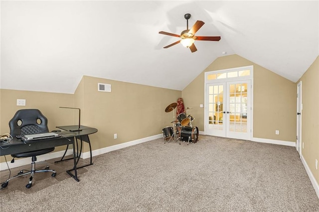 office with visible vents, baseboards, french doors, carpet, and lofted ceiling