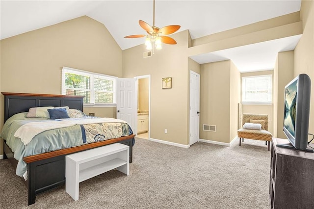 bedroom with a ceiling fan, carpet flooring, baseboards, and visible vents