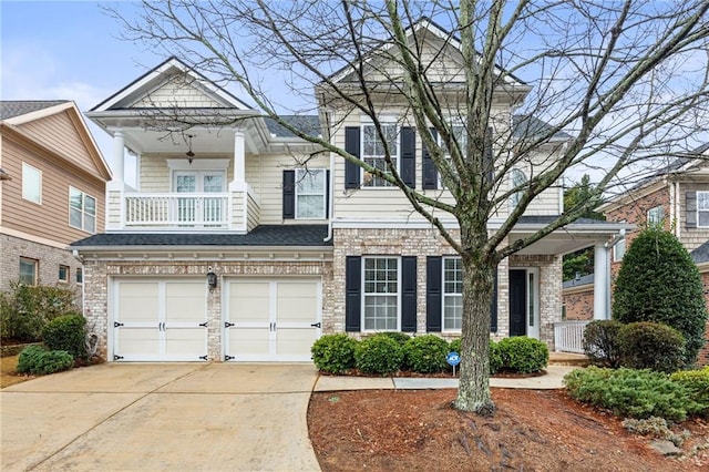 view of front facade with a garage and a balcony