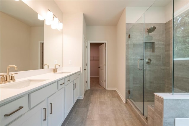 bathroom with a shower with shower door and vanity