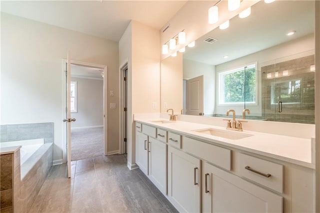 bathroom with vanity and separate shower and tub