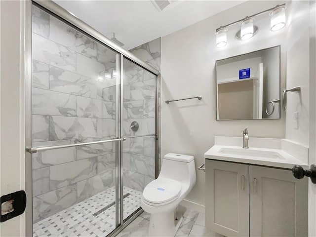 617 Kyles Cir, Hiram, GA 30141 - full bath featuring marble look tile flooring, a shower stall, toilet, vanity, and baseboards