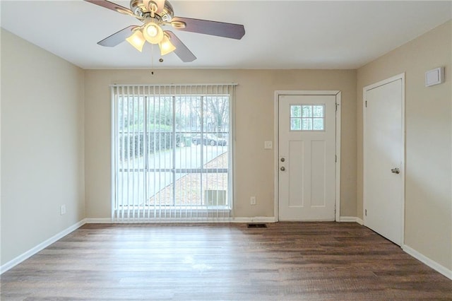 entryway with ceiling fan and hardwood / wood-style floors