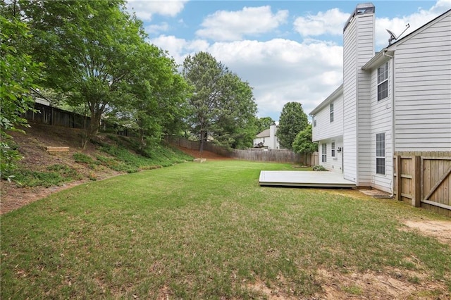view of yard with a fenced backyard and a deck