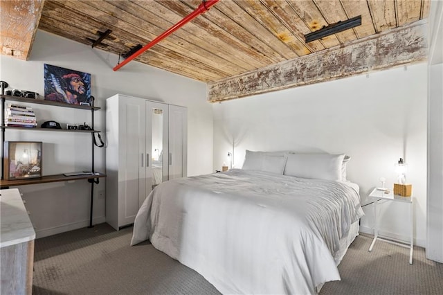 bedroom with light carpet and wooden ceiling