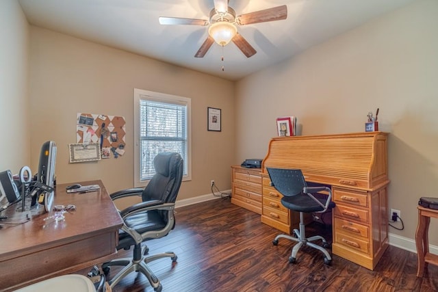 home office with baseboards, ceiling fan, and dark wood-style flooring
