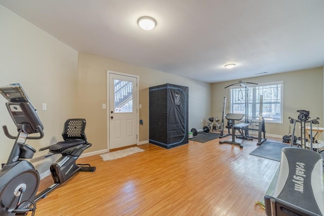 workout area featuring baseboards, light wood finished floors, and a healthy amount of sunlight