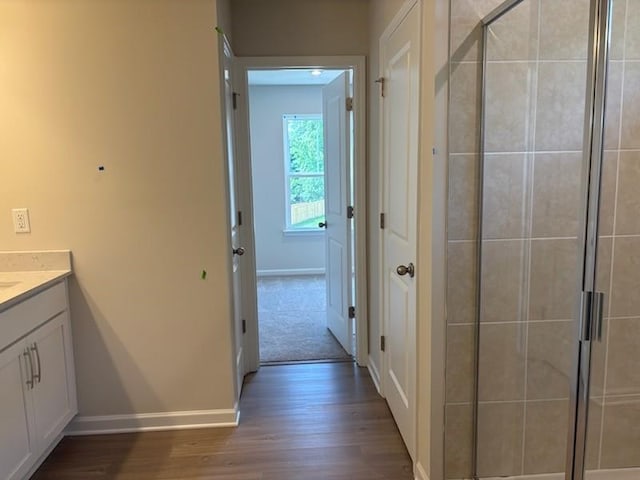 30 Riverrock Trl, Dallas, GA 30157 - bathroom featuring vanity, a stall shower, and wood finished floors