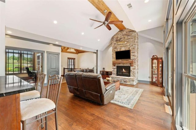 274 Ramey Rd, Westminster, SC 29693 - living room with ceiling fan, beam ceiling, dark wood-style floors, a fireplace, and baseboards