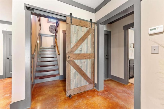 274 Ramey Rd, Westminster, SC 29693 - stairs with finished concrete floors and a barn door