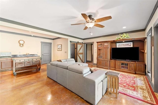 274 Ramey Rd, Westminster, SC 29693 - living room with a barn door, a ceiling fan, crown molding, and recessed lighting