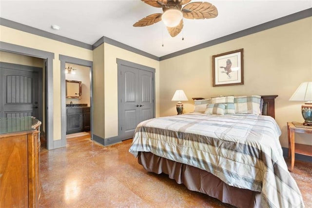 274 Ramey Rd, Westminster, SC 29693 - bedroom with baseboards, a closet, ensuite bathroom, ceiling fan, and ornamental molding