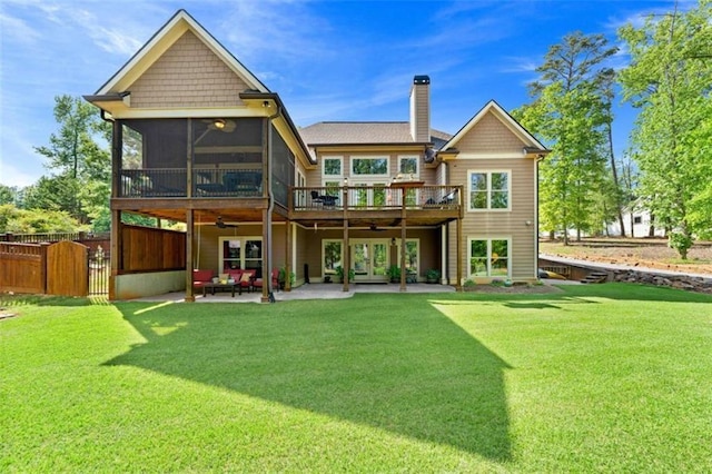 274 Ramey Rd, Westminster, SC 29693 - rear view of house with a ceiling fan, a patio area, a sunroom, a chimney, and french doors
