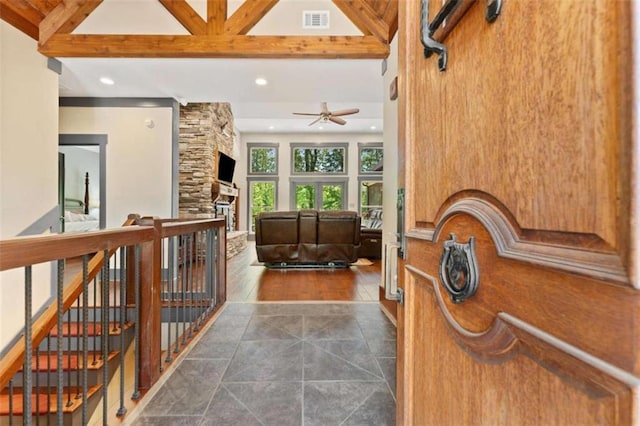 274 Ramey Rd, Westminster, SC 29693 - hallway with recessed lighting, beam ceiling, and an upstairs landing