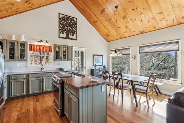 kitchen with a sink, stainless steel electric range oven, wood ceiling, and light wood finished floors