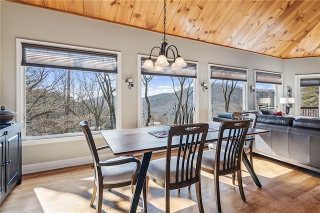 dining space with a notable chandelier, a mountain view, wooden ceiling, and light wood-type flooring