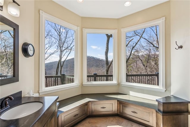 interior space with a mountain view and vanity