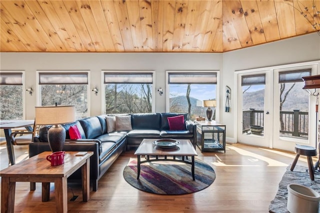 living area with wood finished floors and wood ceiling