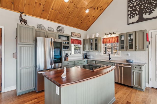 kitchen featuring a kitchen island, a sink, light wood-style floors, appliances with stainless steel finishes, and wooden ceiling