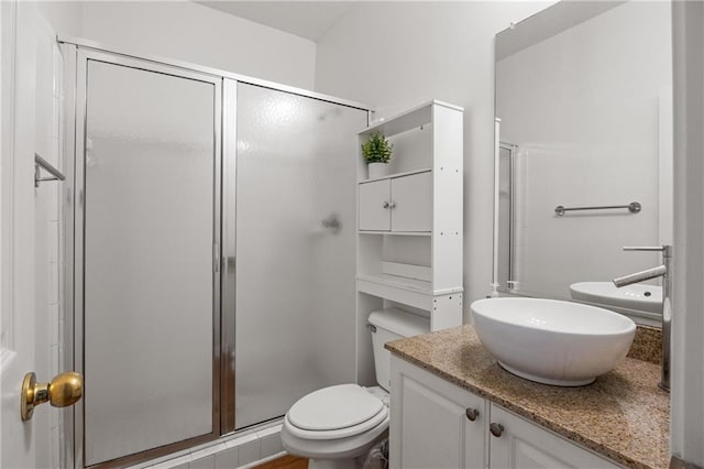 bathroom featuring a shower with door, vanity, and toilet