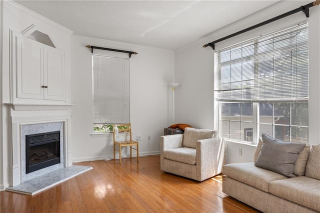 living room with a fireplace, light hardwood / wood-style flooring, and ornamental molding