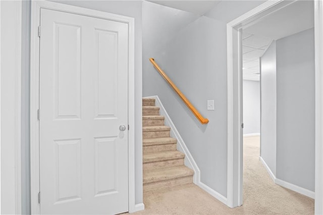 stairway with baseboards and carpet floors