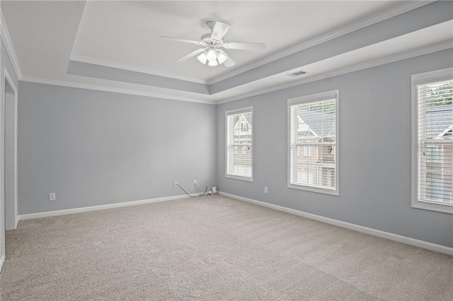 spare room with light colored carpet, baseboards, a tray ceiling, and ornamental molding