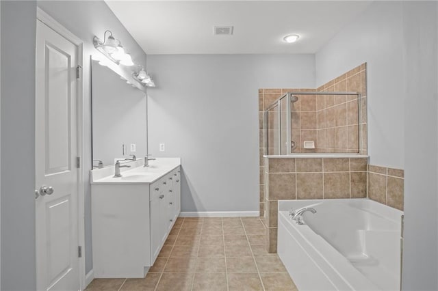 bathroom with visible vents, a garden tub, tile patterned flooring, double vanity, and tiled shower