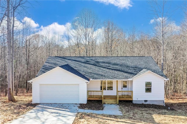 ranch-style house featuring roof with shingles, covered porch, concrete driveway, crawl space, and a garage