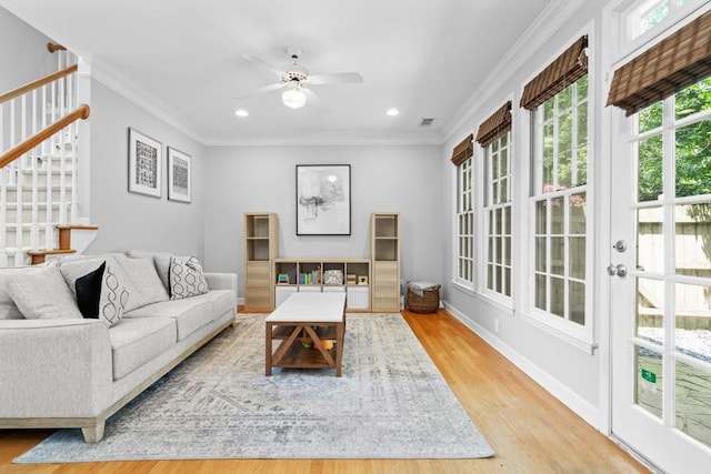1241 Newbridge Trce, Brookhaven, GA 30319 - living area with a ceiling fan, wood finished floors, crown molding, and recessed lighting