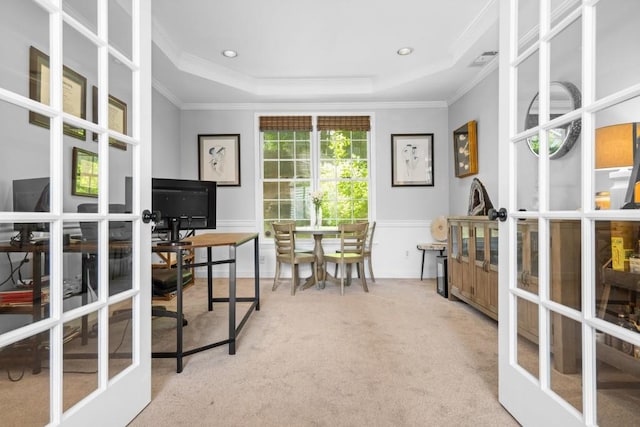 1241 Newbridge Trce, Brookhaven, GA 30319 - home office featuring french doors, ornamental molding, carpet flooring, a tray ceiling, and recessed lighting