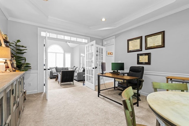 1241 Newbridge Trce, Brookhaven, GA 30319 - office space with french doors, a raised ceiling, light colored carpet, and crown molding