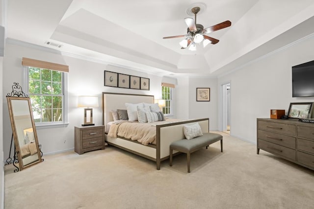 1241 Newbridge Trce, Brookhaven, GA 30319 - bedroom with a raised ceiling, light colored carpet, multiple windows, crown molding, and a ceiling fan