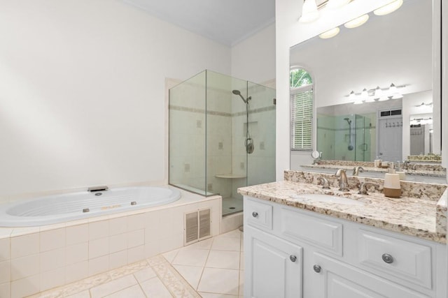 1241 Newbridge Trce, Brookhaven, GA 30319 - full bath with tile patterned flooring, a shower stall, vanity, a whirlpool tub, and ornamental molding