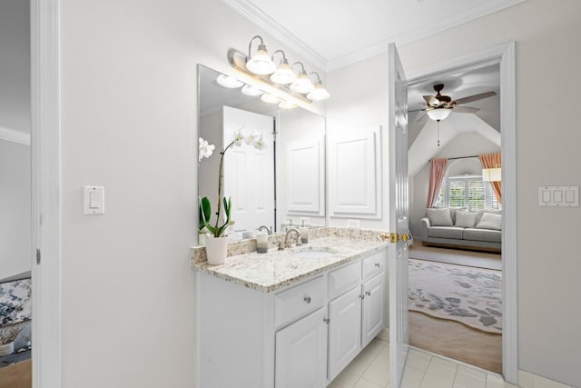 1241 Newbridge Trce, Brookhaven, GA 30319 - ensuite bathroom featuring vanity, ceiling fan, tile patterned floors, crown molding, and lofted ceiling