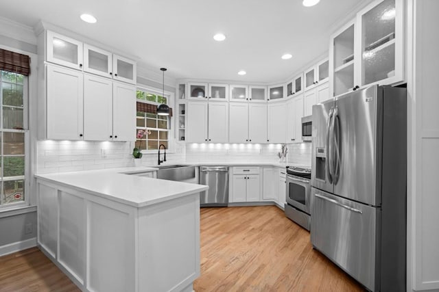 1241 Newbridge Trce, Brookhaven, GA 30319 - kitchen featuring appliances with stainless steel finishes, plenty of natural light, a peninsula, light wood-style floors, and recessed lighting