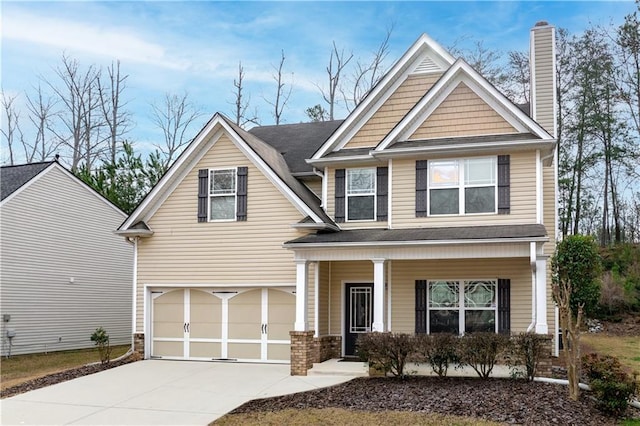 craftsman-style house featuring a porch, concrete driveway, a garage, and a chimney