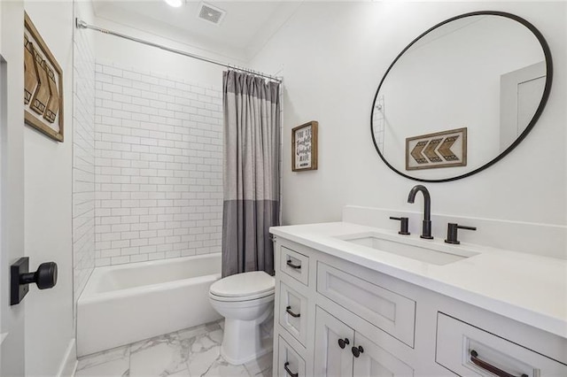 full bathroom with vanity, toilet, and shower / bath combo with shower curtain