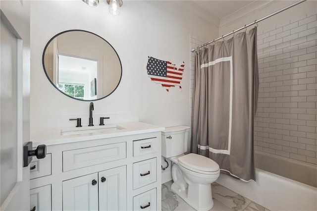 full bathroom featuring shower / bath combination with curtain, vanity, and toilet