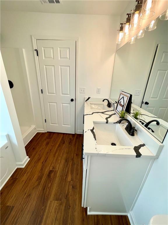 bathroom featuring a sink, visible vents, wood finished floors, and double vanity