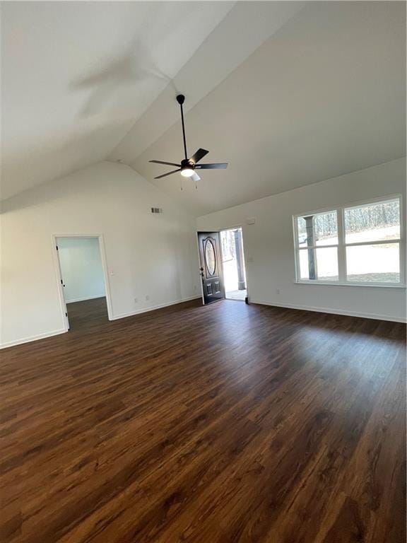 unfurnished living room with visible vents, baseboards, dark wood-type flooring, and ceiling fan