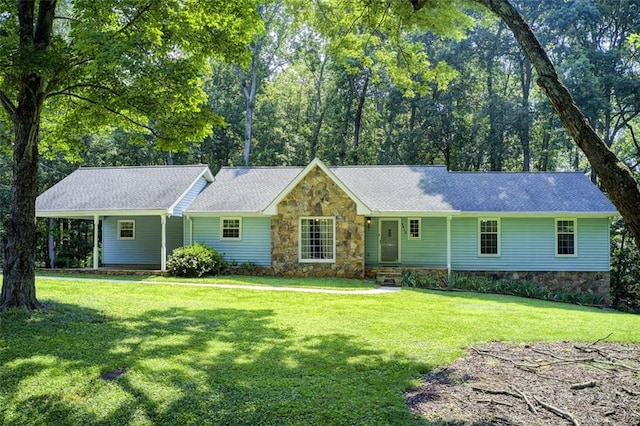 2612 Spring St, Dacula, GA 30019 - single story home with a front yard, stone siding, and a shingled roof