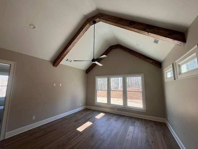 unfurnished living room with dark wood-style floors, baseboards, and ceiling fan