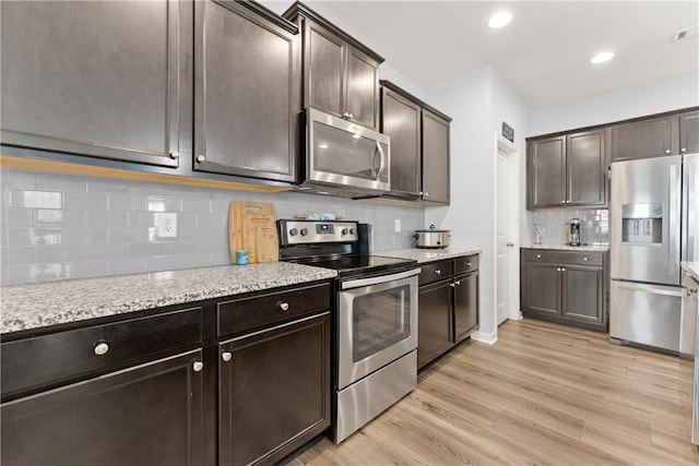 6021 Harbour Mist Dr, Flowery Branch, GA 30542 - kitchen featuring stainless steel appliances, decorative backsplash, light wood finished floors, dark brown cabinetry, and recessed lighting