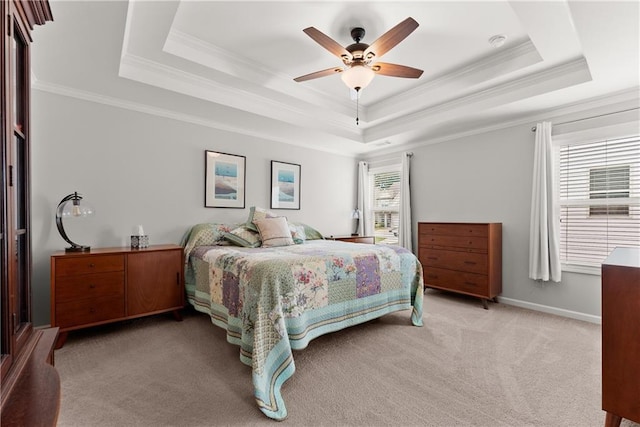 6021 Harbour Mist Dr, Flowery Branch, GA 30542 - bedroom with a tray ceiling, light carpet, crown molding, and a ceiling fan